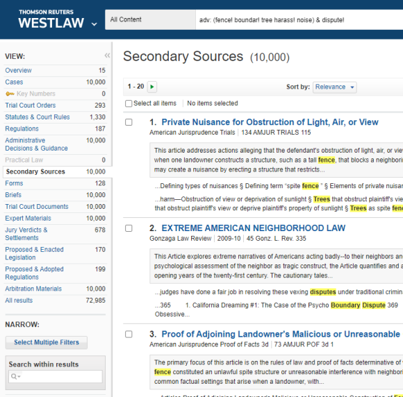 Westlaw search results for query "adv: (fence! boundar! tree harass! noise) & dispute!" filtered to "Secondary Sources," showing more than 10,000 results.